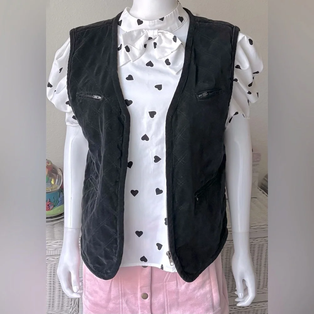 Vintage Gloria Vanderbilt Vest Diamond Quilted Velvet Cotton in Black Size L
